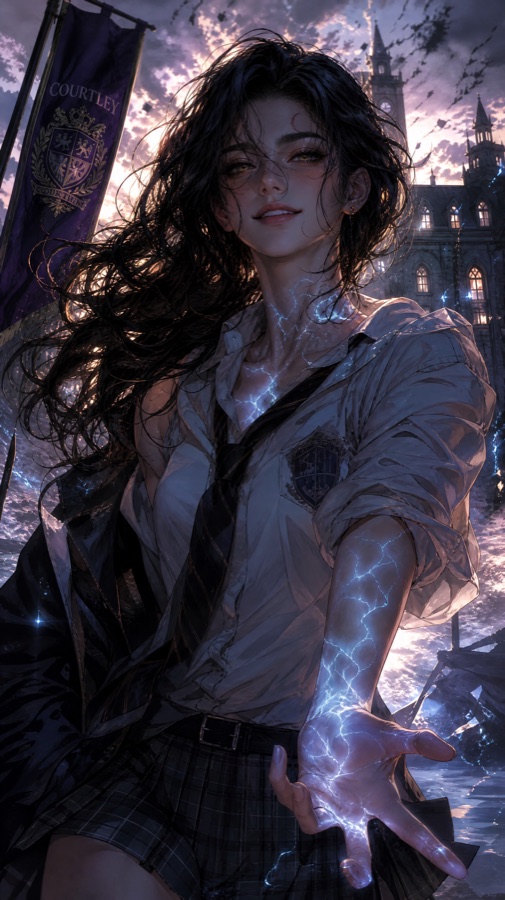 The Vessel cover art — Ivy, lightning crackling from her hand, against a gothic school skyline